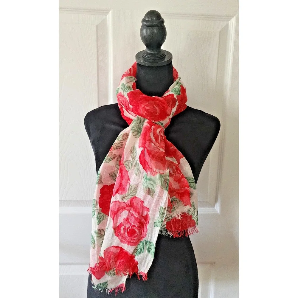 Naulover Winter White and Red Floral Scarf 72 X 24